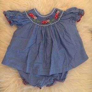 Ladybug smocked two piece dress / top and bloomers